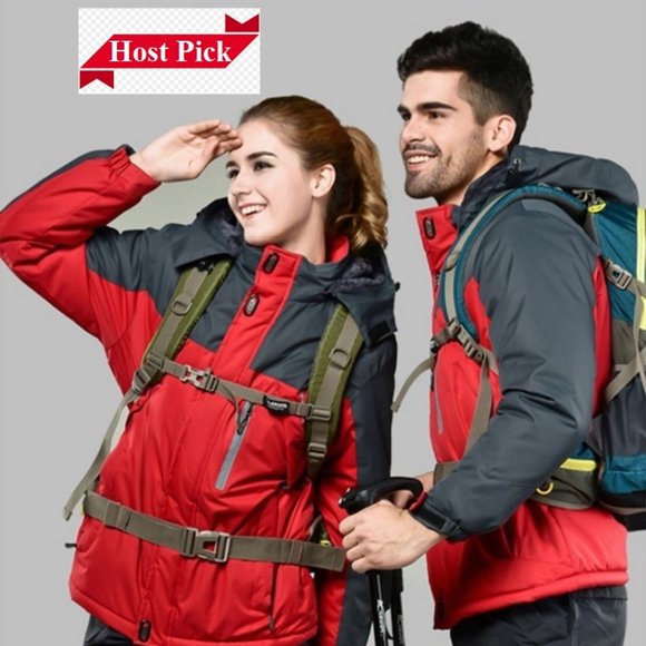 Ski Jacket Waterproof Windproof Snow Jacket Hooded Mens Womens Red & Gray - Picture 2 of 15